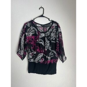BCX Blouse Medium Black Purple Floral Print Chain Sheer‎ Top